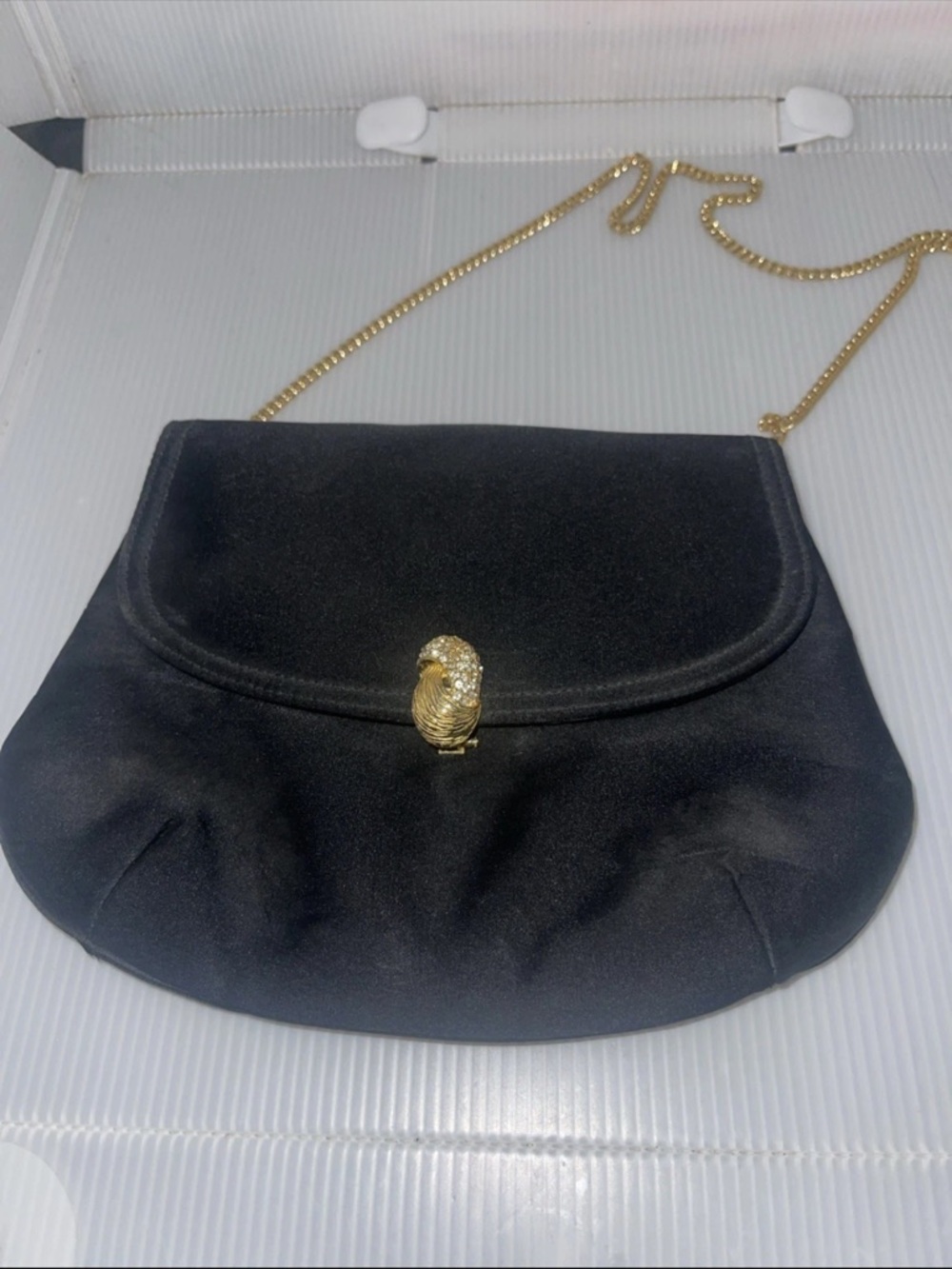 Morris Moskowitz 1960s Black Evening Bag Rhinestone Clasp Gold Chain Made In USA